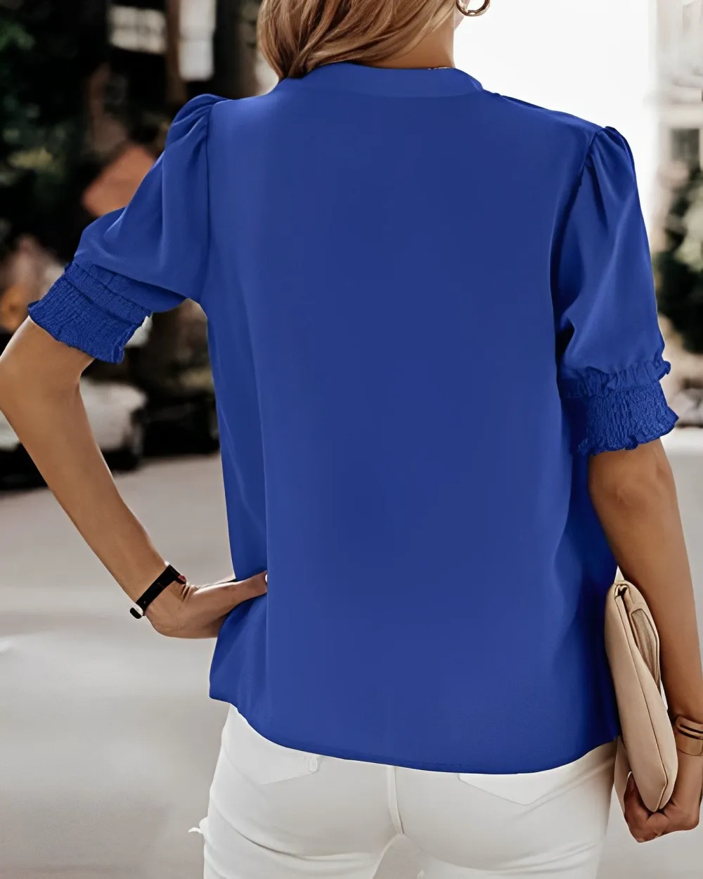  V Neck Smocked Sleeve Blouse