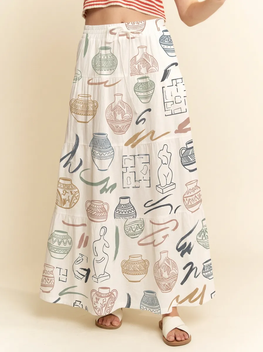 Women's Art Lover Greek Pottery Statue Printed Maxi Skirt