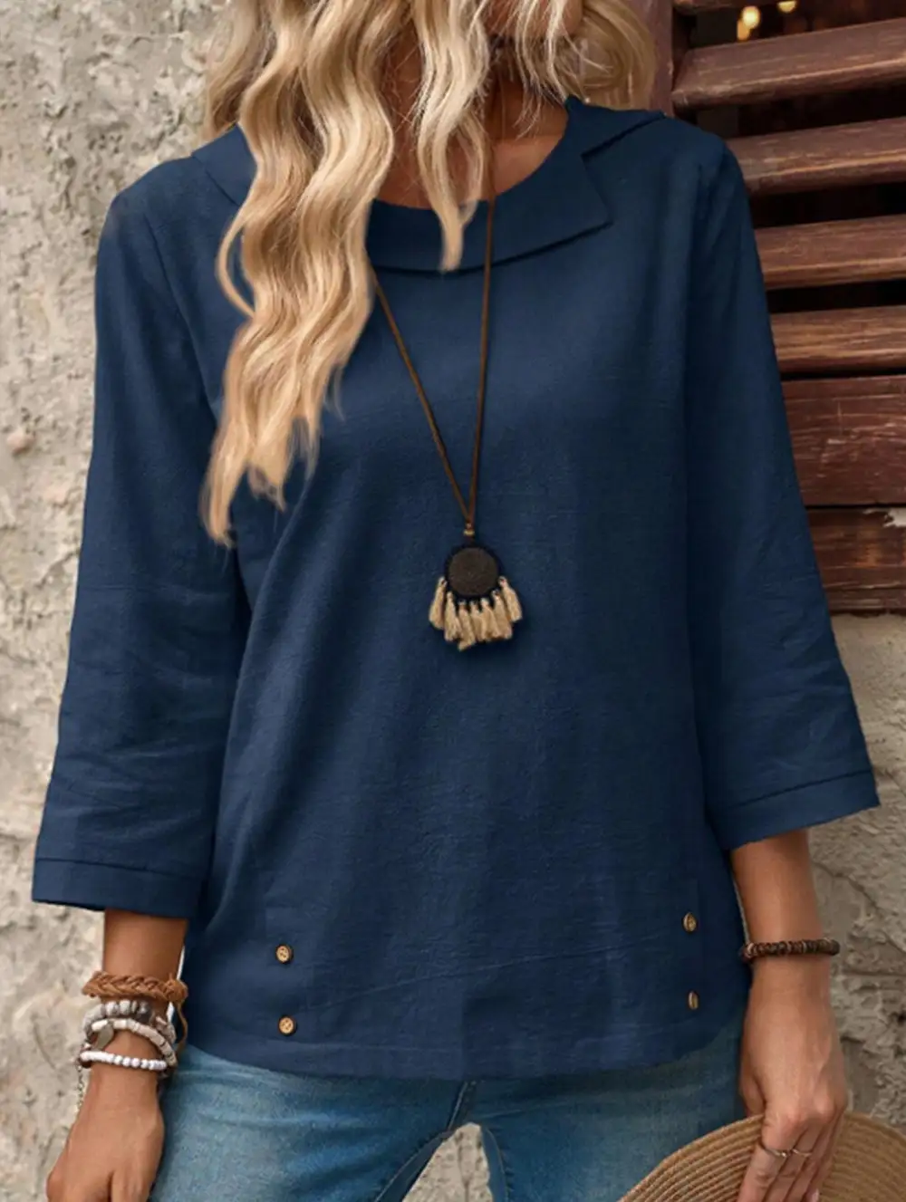 Lapel Three-Quarter Sleeve Tee Top