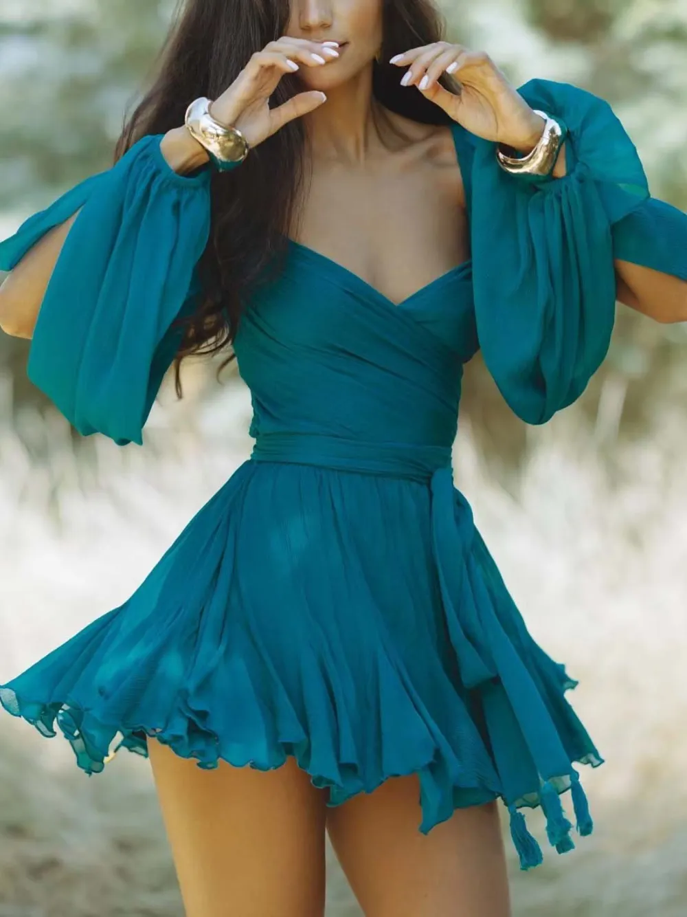 Neck Lantern Sleeves Flowy Sexy Mini Dress