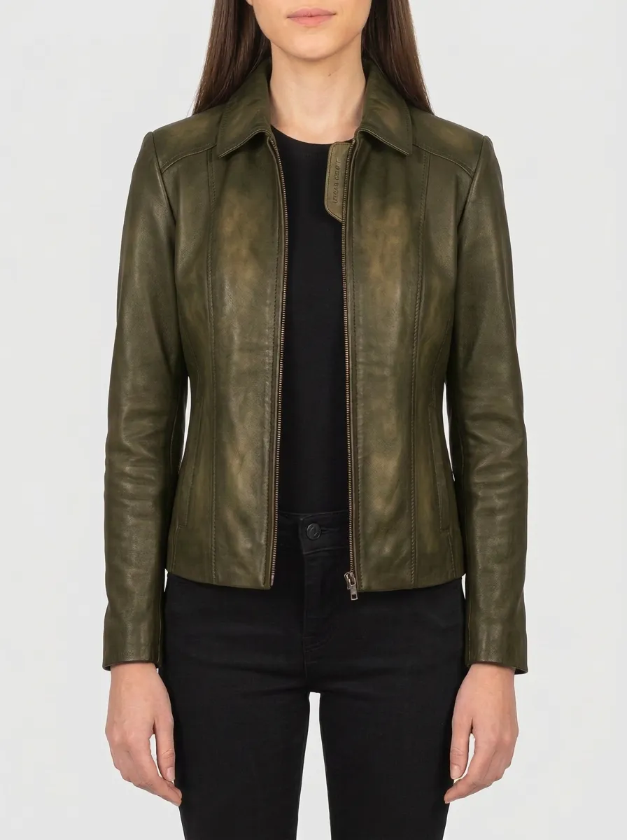 Vintage Distressed Leather-Look Zip-Up Jacket