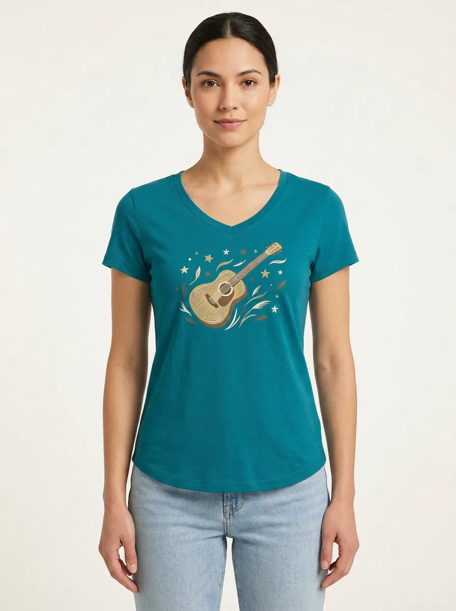 Women's Acoustic Guitar & Stars Graphic V-Neck T-Shirt