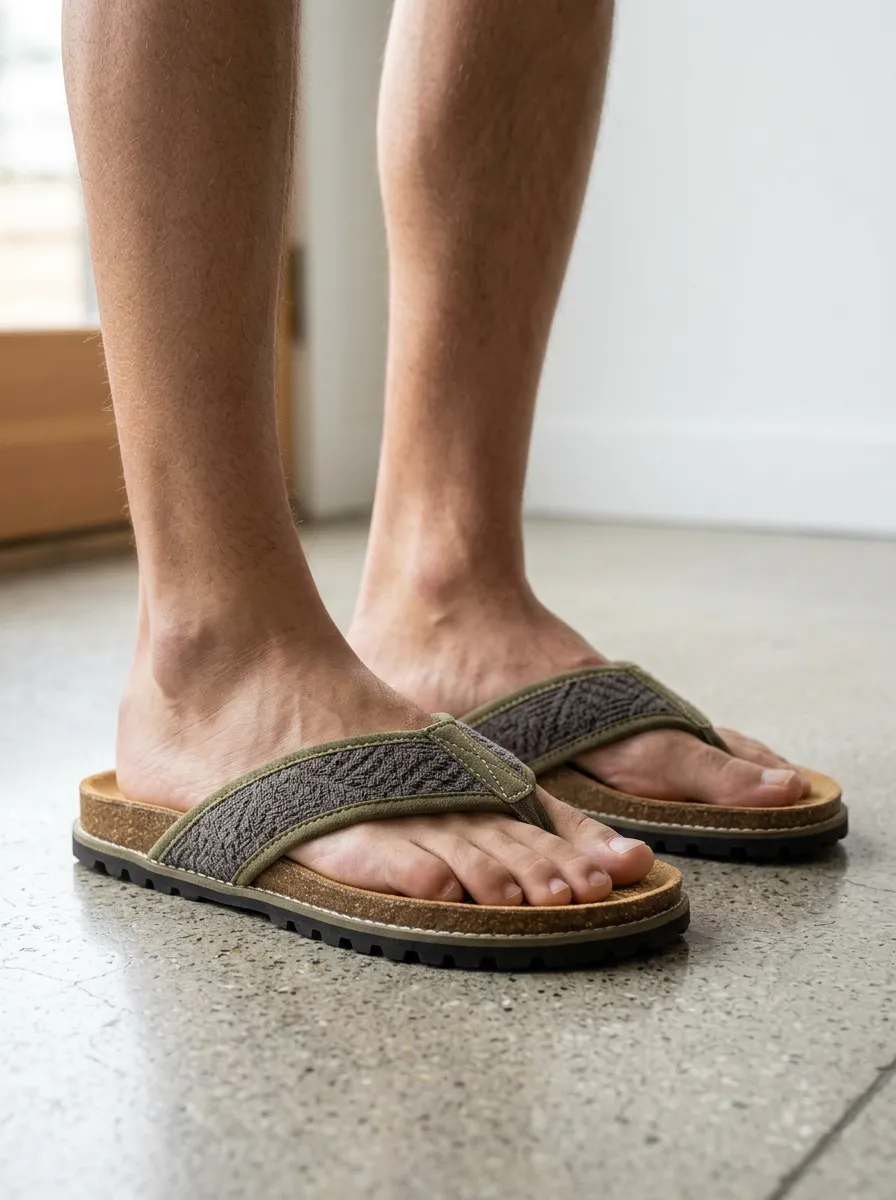 Men's Casual Summer Textured Olive Fabric Cork Sole Flip Flops
