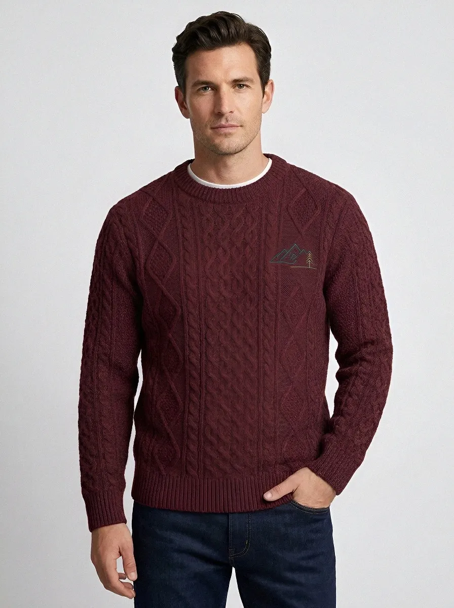 Men's Charcoal Outdoor Mountain Pine Tree Embroidered Knit Sweater