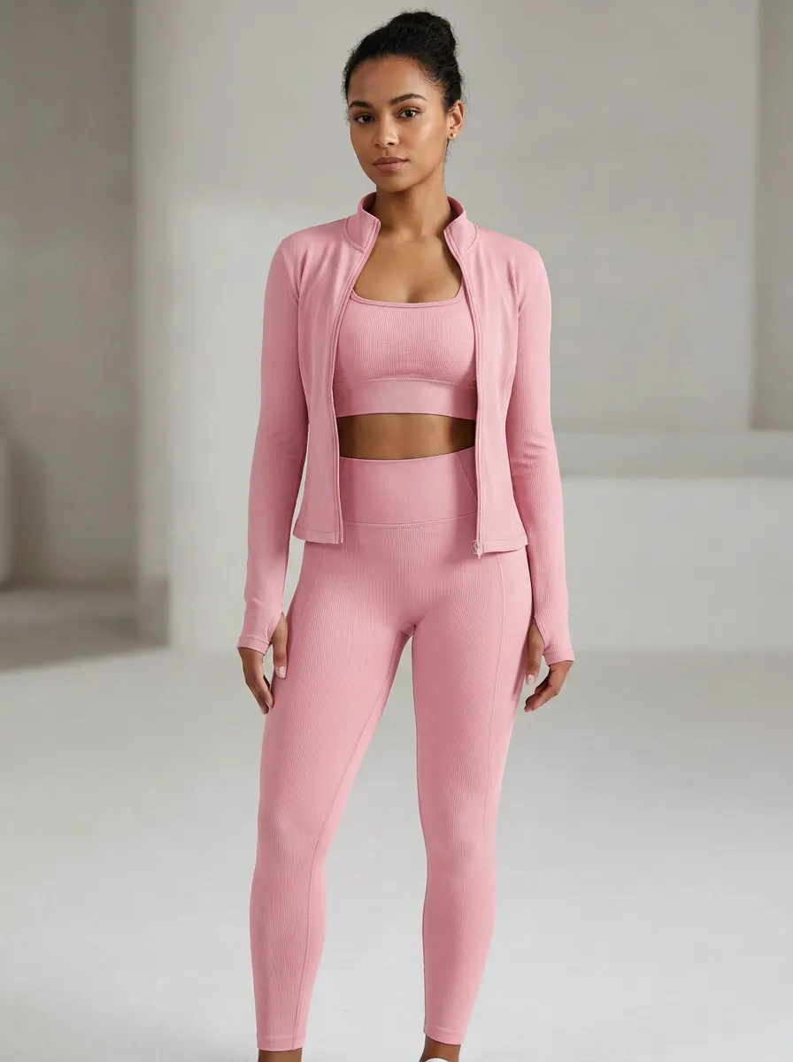Urban Ribbed Texture Collection Women's Three Piece Activewear Set