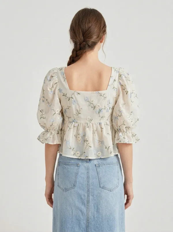 Embroidered Floral Peplum Women's Puff-Sleeve Blouse
