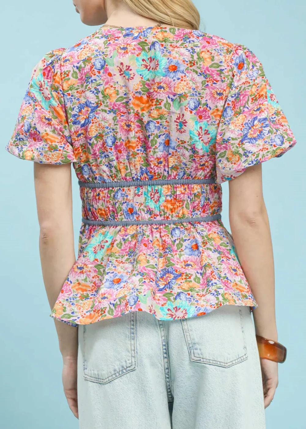 Smocked-Waist Floral Bow-Detail Blouse