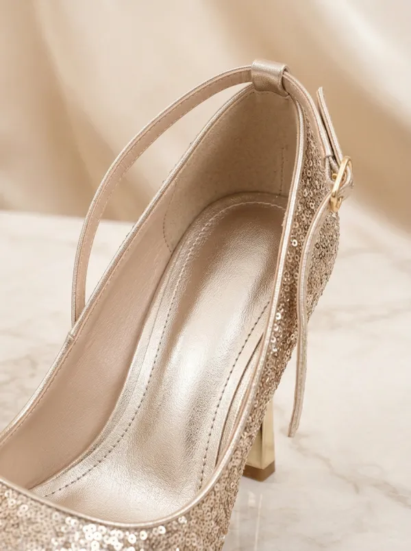 Sequin Buckle-Strap Pointed-Toe Ankle-Strap Women's Formal High Heels