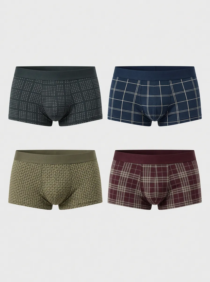 Men's Geometric Plaid Pattern Printed Boxer Briefs 4-Pack