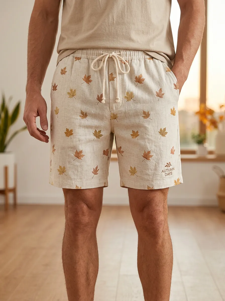 Maple Leaf Print Drawstring Comfortable Shorts