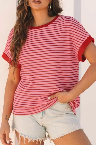 Round-Neck Short-Sleeve Contrast Striped T-Shirt