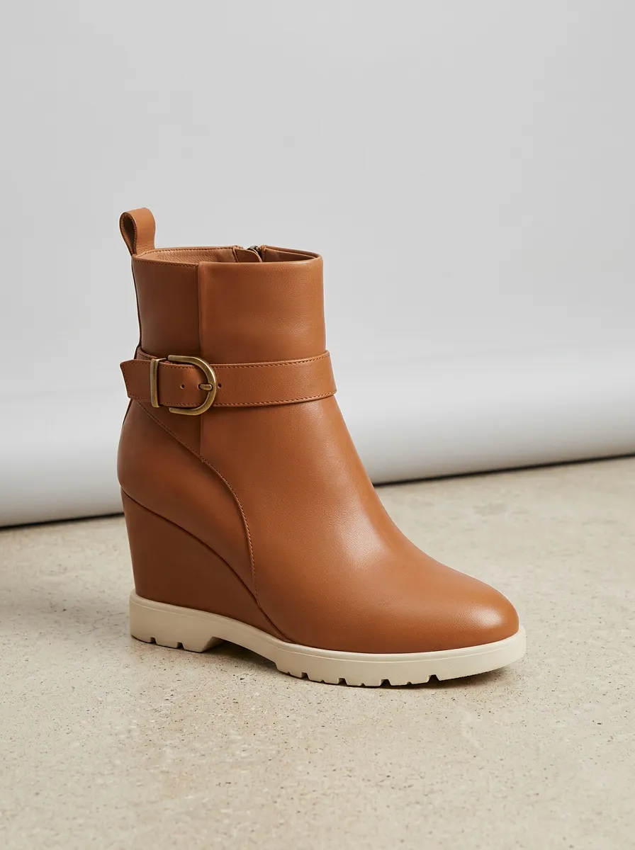 Buckle-Strap Buckle-Detail Women's Wedge Ankle Boots