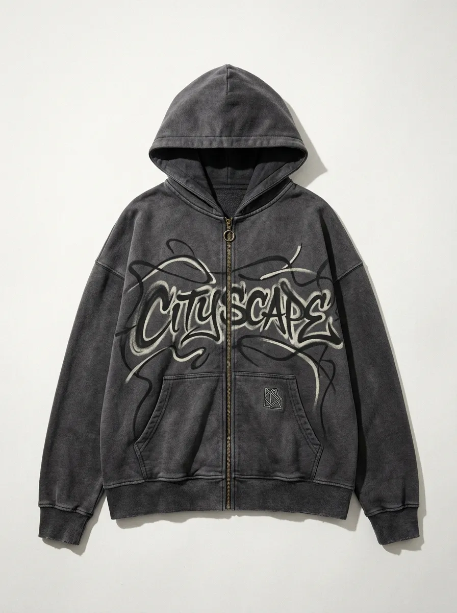 Unisex Streetwear Cityscape Graffiti Printed Zip-up Hoodie