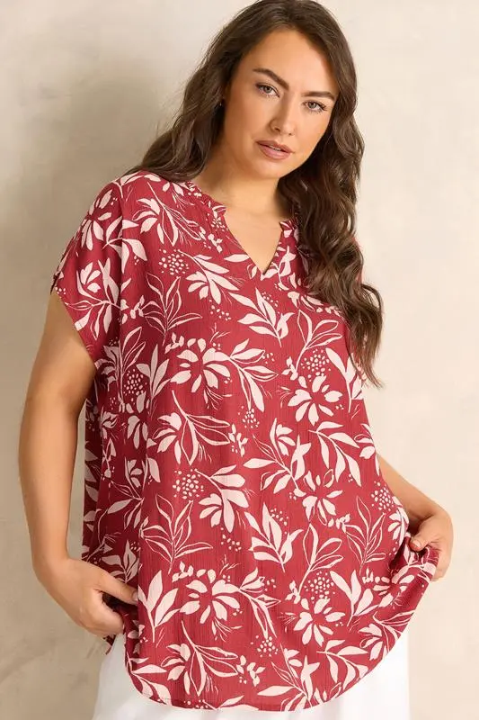 Orange Leaf Print Notch Neck Blouse