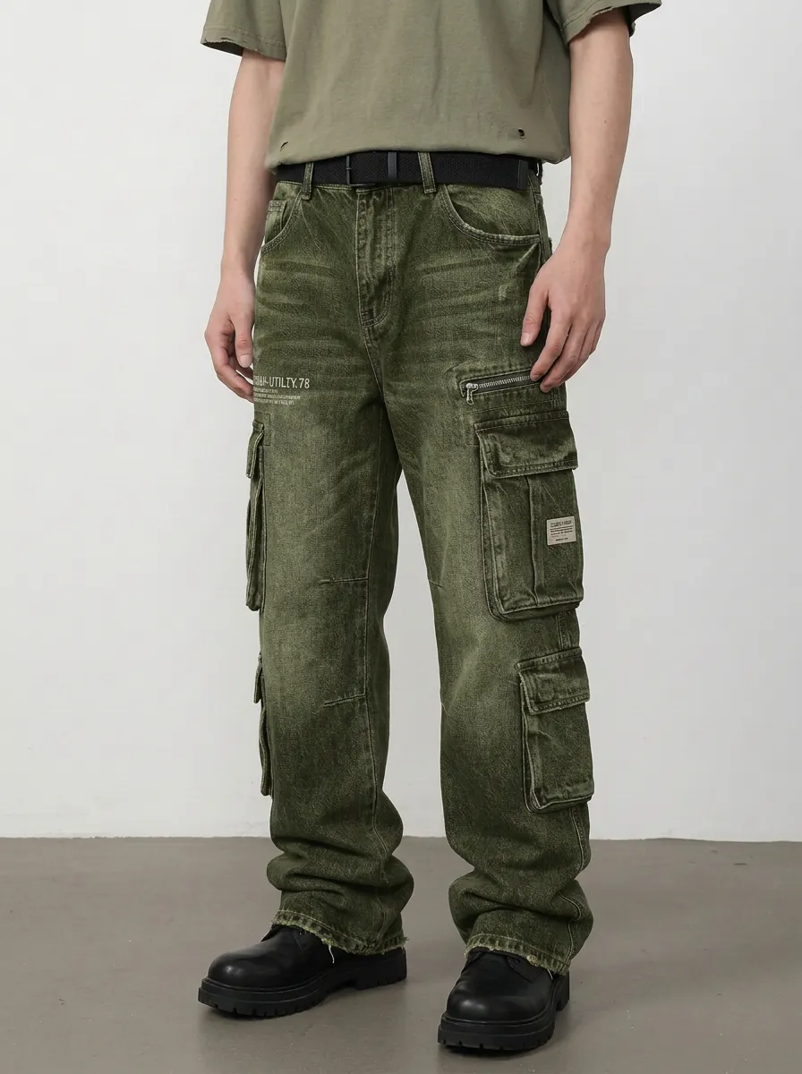 Men's Streetwear Utility 78 Letter Printed Denim Cargo Jeans