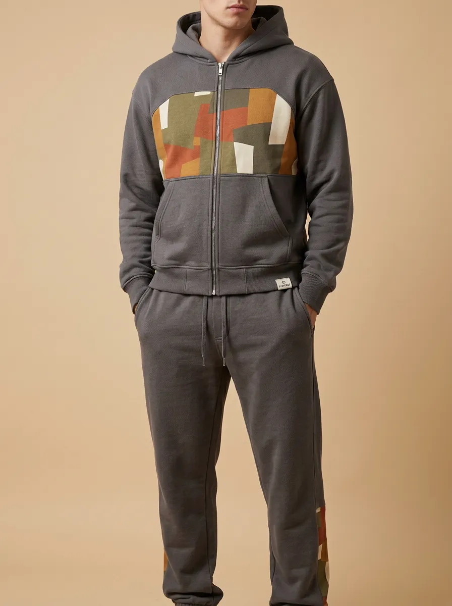 Men's Geometric Pattern Printed Zip-up Hoodie Jogger Set