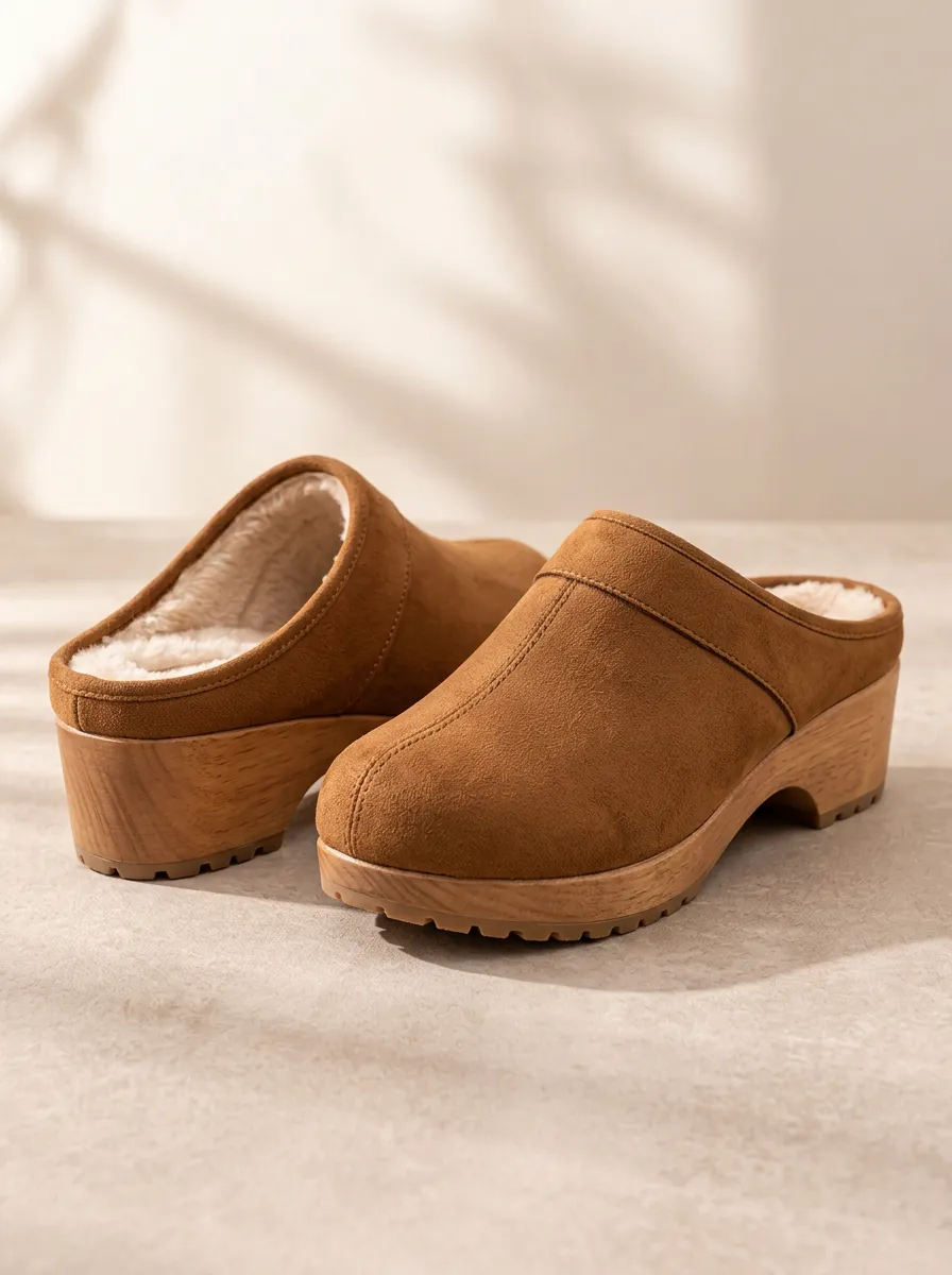 Women's Tan Woodgrain Platform Plush-Lined Lug Clogs