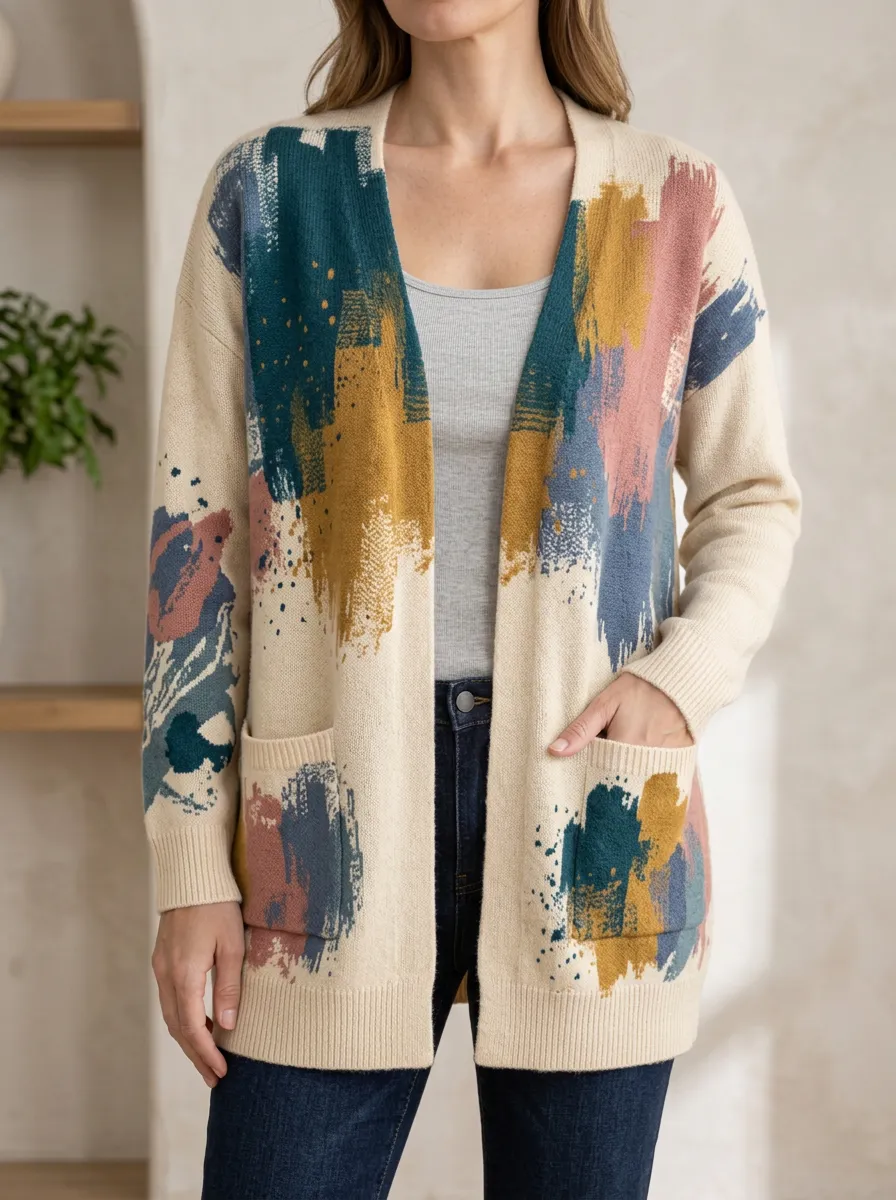 Women's Abstract Paint Stroke Pattern Printed Ribbed Trim Casual Layering Cardigan