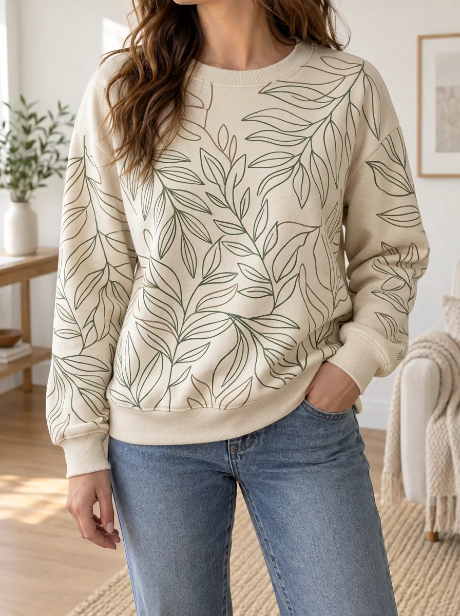 Women's Leaf Print Crewneck Sweatshirt Botanical Ribbed Trim