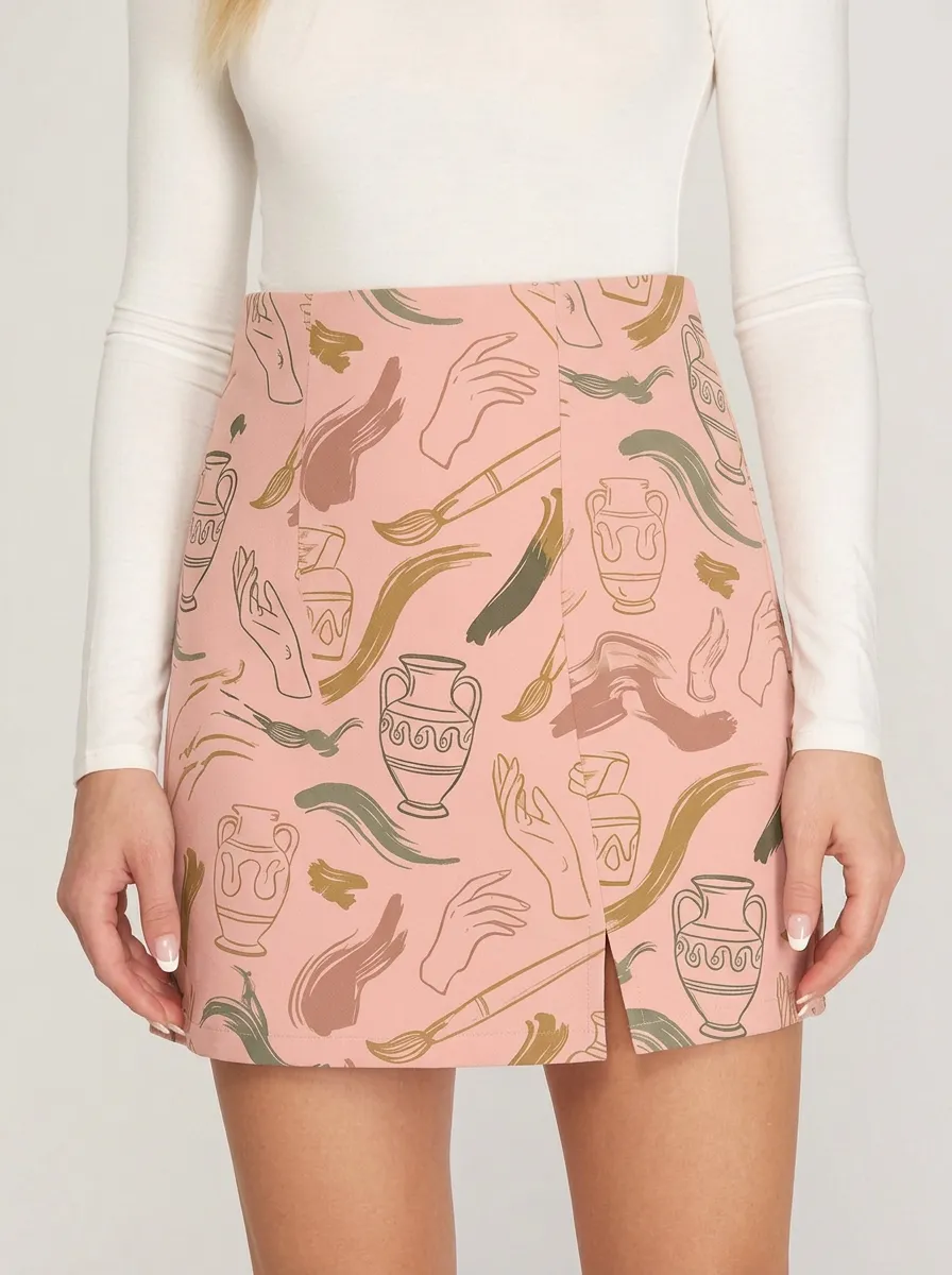 Women's Art Lover Greek Vase Hand Brush Printed Skirt