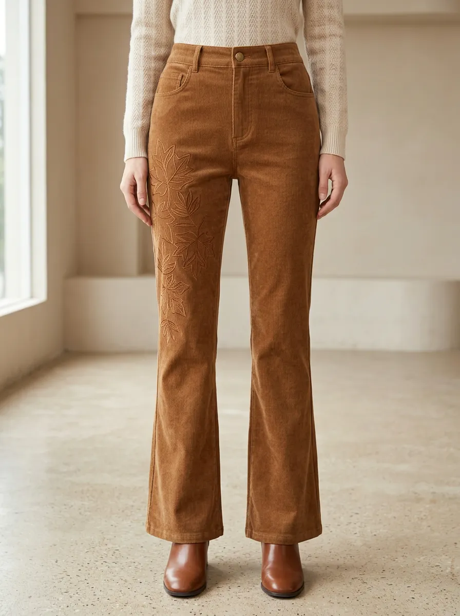 Women's Autumn Nature Lover Maple Leaf Embroidered Corduroy Pants