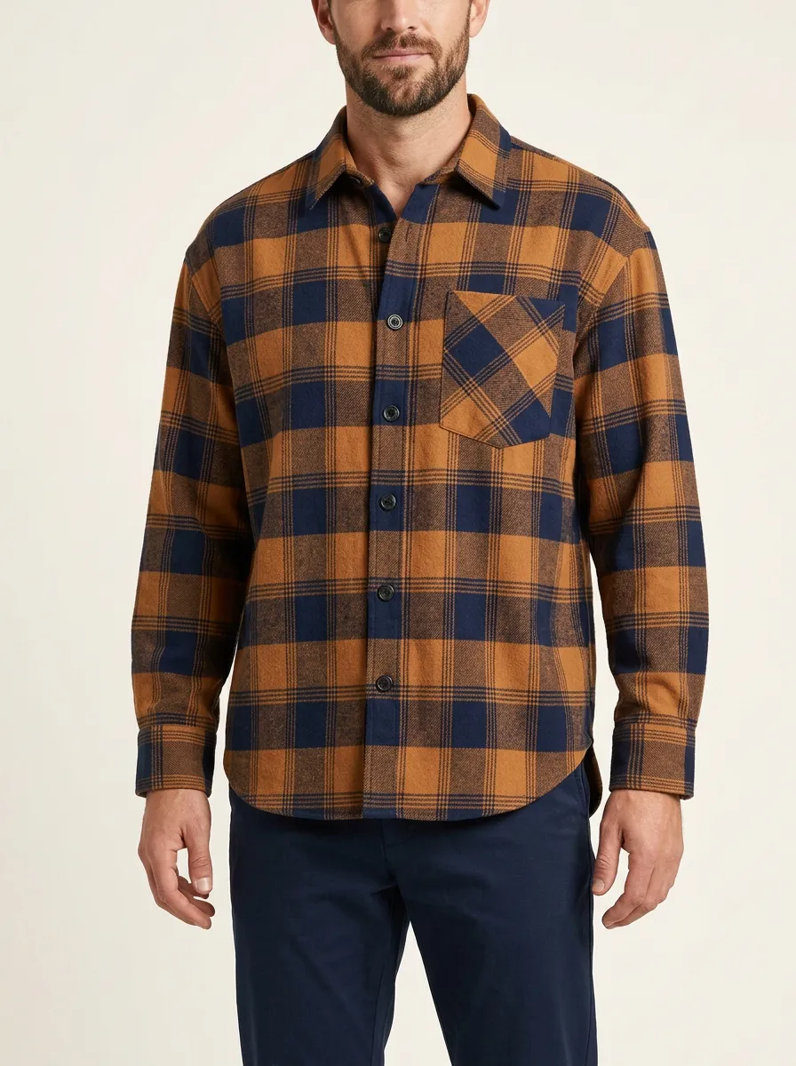 Men's Shirttail-Hem Single-Pocket Plaid Flannel Shirt