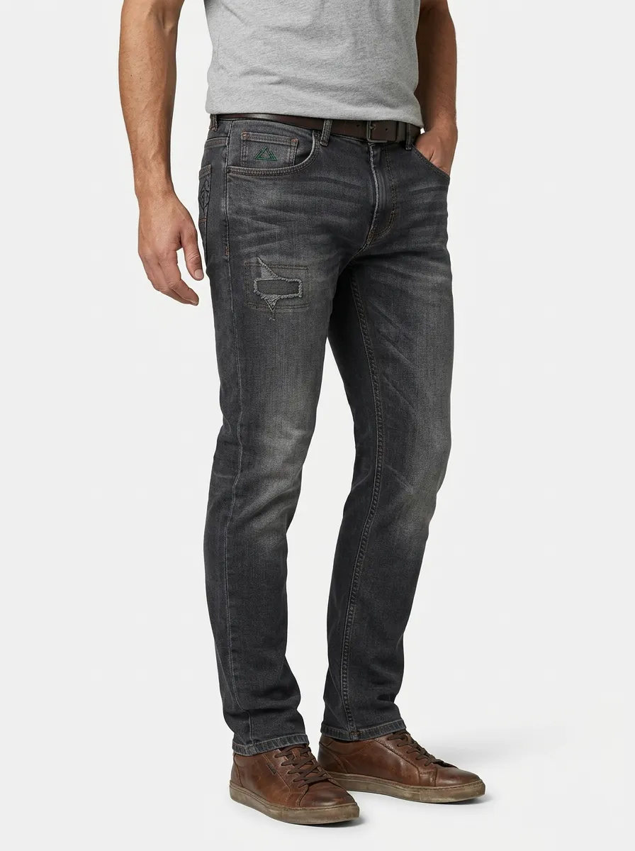 Men's Charcoal Distressed Triangle Slim Fit Jeans