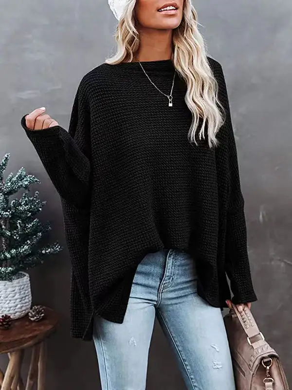 Long Sleeve Relaxed Side Slit Boat Neck T-Shirt