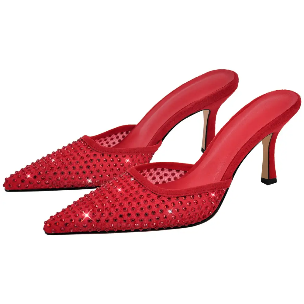 Rhinestone Pointed Toe Stiletto Slip On Heeled Mules
