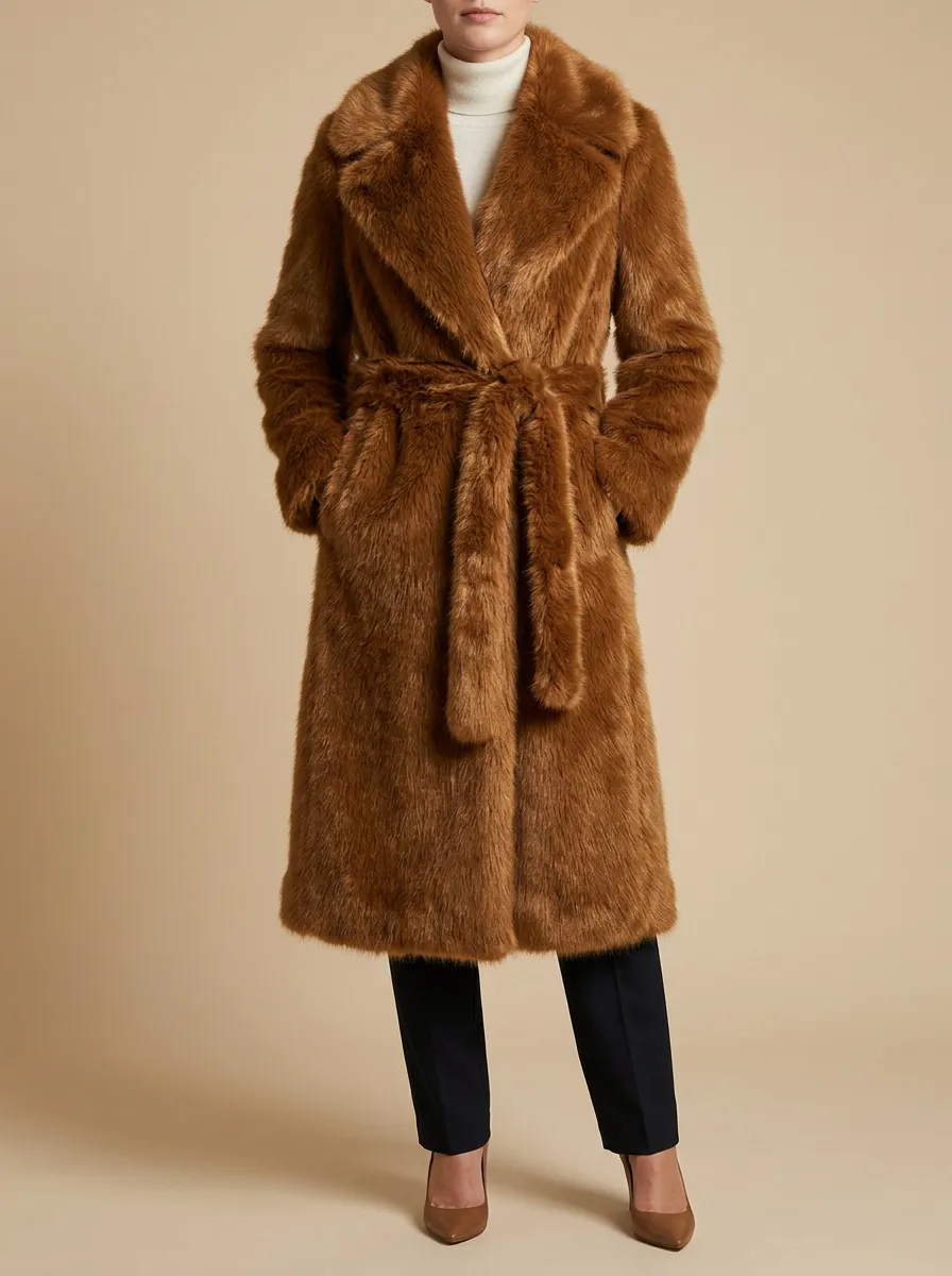Self Tie Belt Faux Fur Belted Long Coat