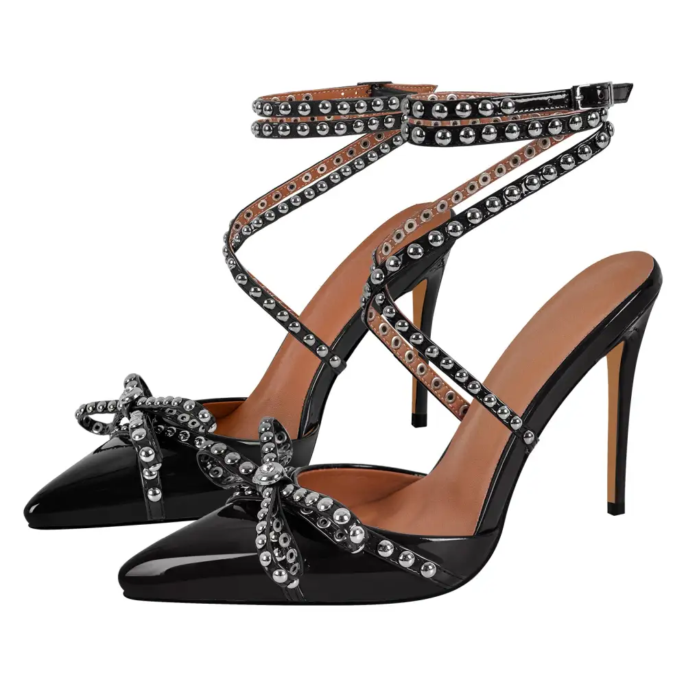 Sleek Rivet Pointed Toe Stiletto Ankle Strap Pumps