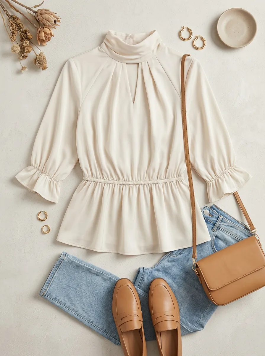 Mock Neck Ruffle Sleeve Peplum Blouse
