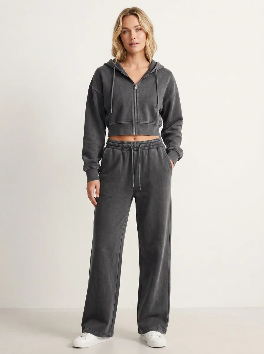 Zip-Up Vintage-Wash Jogger Sporty Women's Cropped Zip-Up Hoodie Jogger Active Set