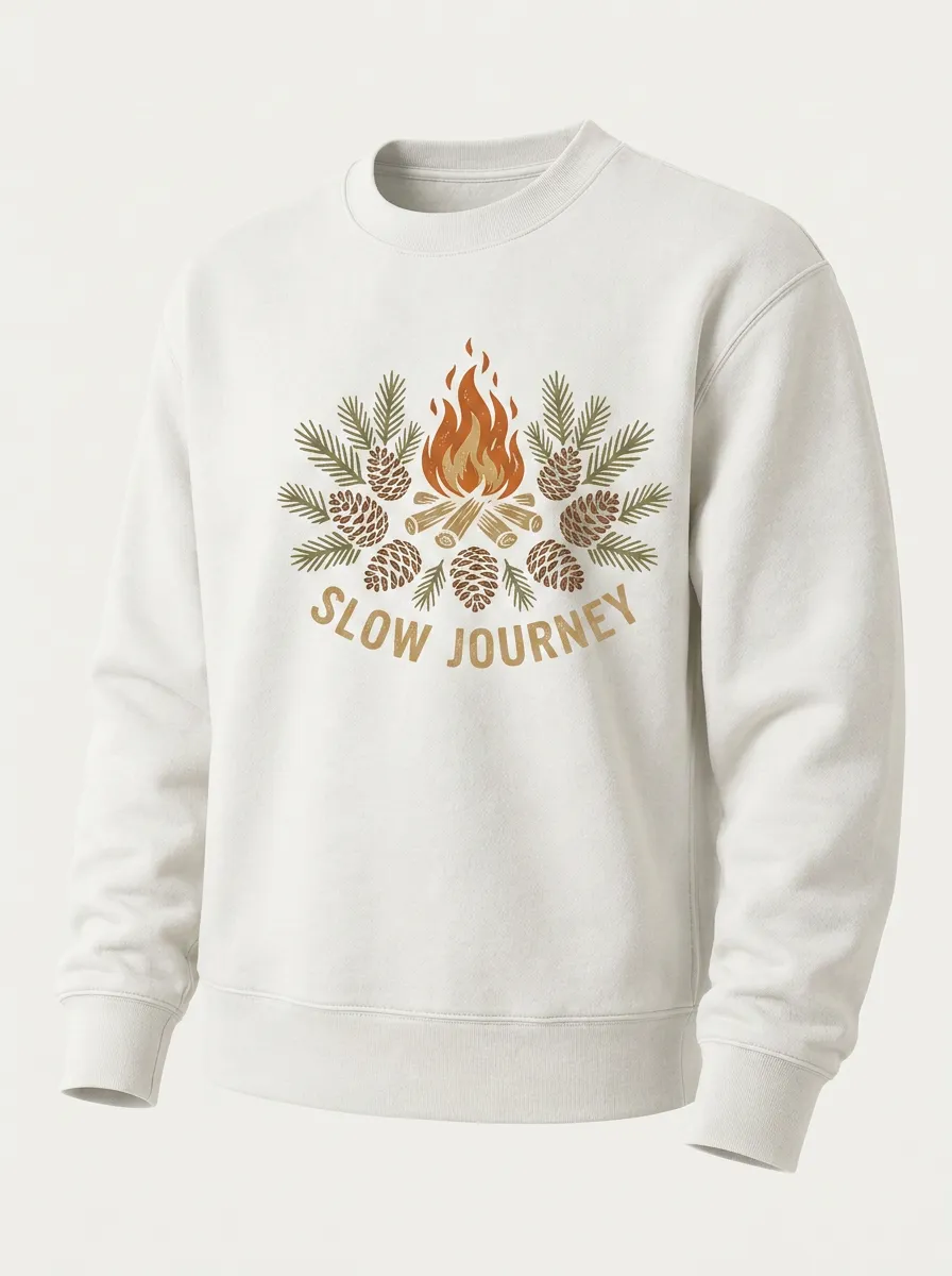Unisex Camping Lover Slow Journey Campfire Pinecone Printed Sweatshirt
