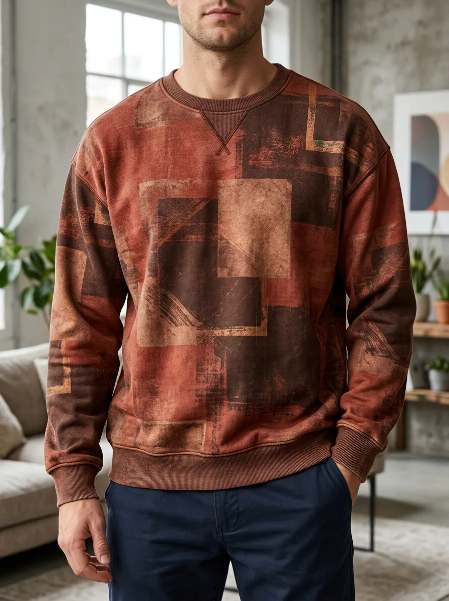 Men's Rust Abstract Print Crewneck Sweatshirt