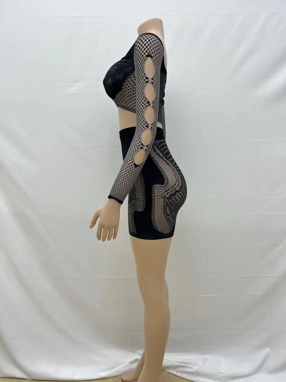 Off-Shoulder Mesh Two Piece Set with Cutouts and Lace Details