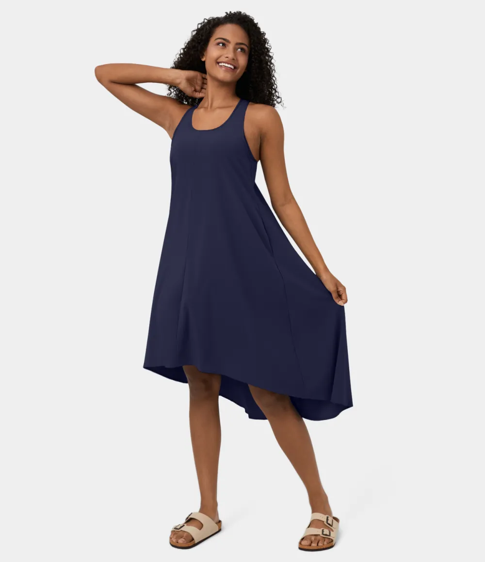 Breezeful Backless Racerback Side Pocket High Low Flowy Midi Quick Dry Casual Dress
