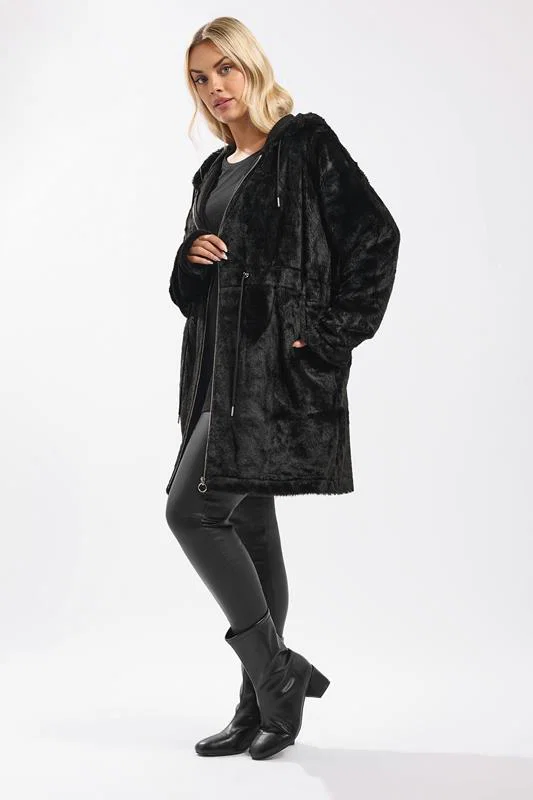 Black Faux Fur Longline Zip Hoodie detail 1