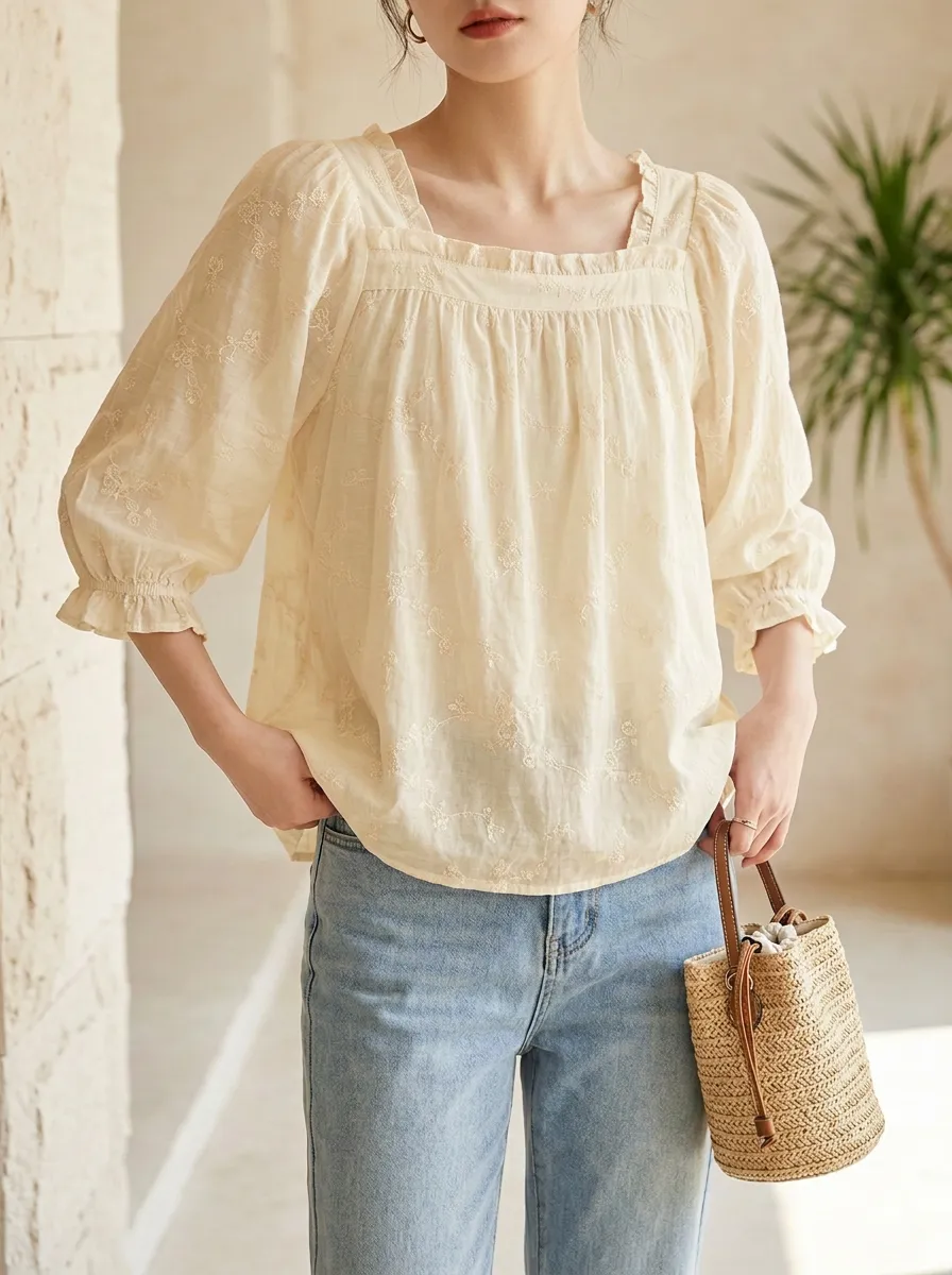 Relaxed Embroidered Floral Women's Puff-Sleeve Blouse