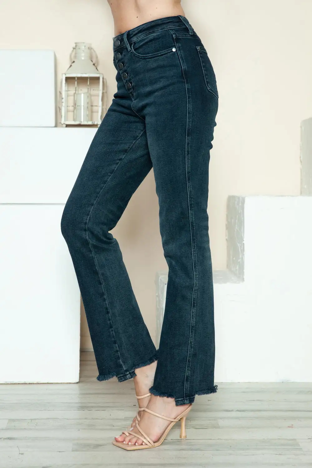 Button Fly Hem Destroy Straight Denim Jeans