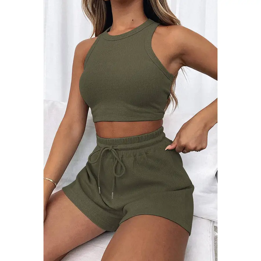 Relaxed Round Neck Top and Drawstring Shorts Set