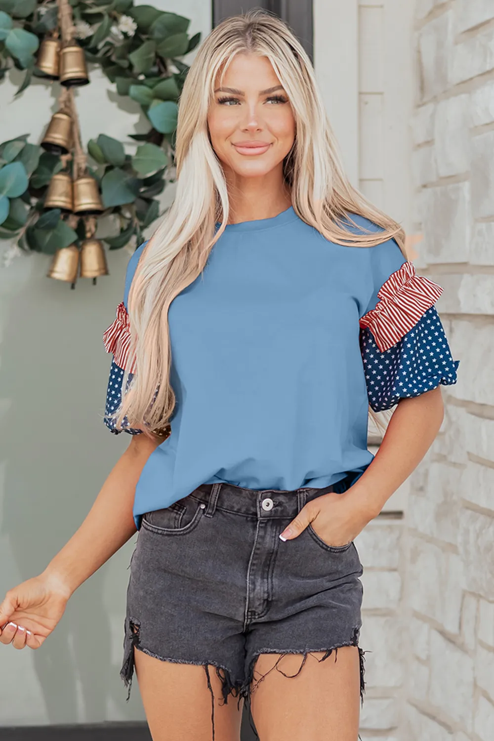 Beau Blue Stars Stripes Short Sleeve Top