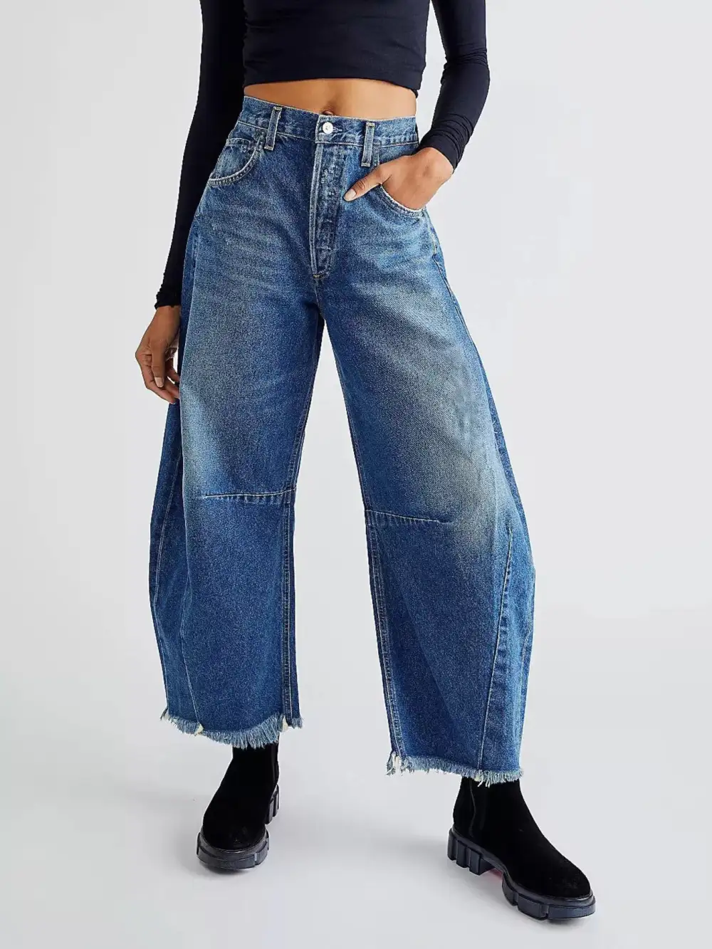 Balanced Wide Leg Raw Hem Denim Jeans