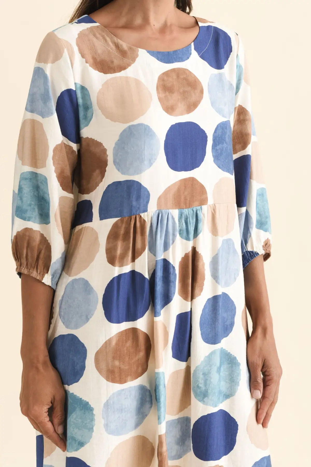 Knee-Length Spot-Print Cotton Gathered Pocket Round-Neck Half-Sleeve Dress