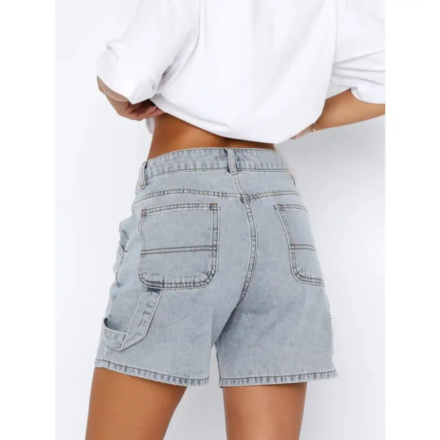 High Rise Pocketed Washed Denim Shorts