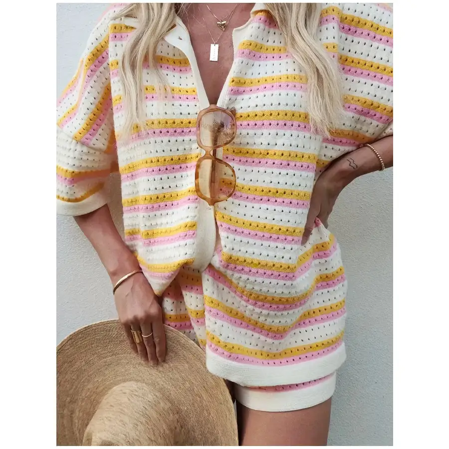 Colorful Striped Button Up Top and Shorts Sweater Set