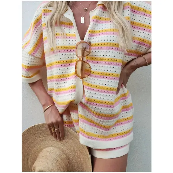 Colorful Striped Button Up Top and Shorts Sweater Set