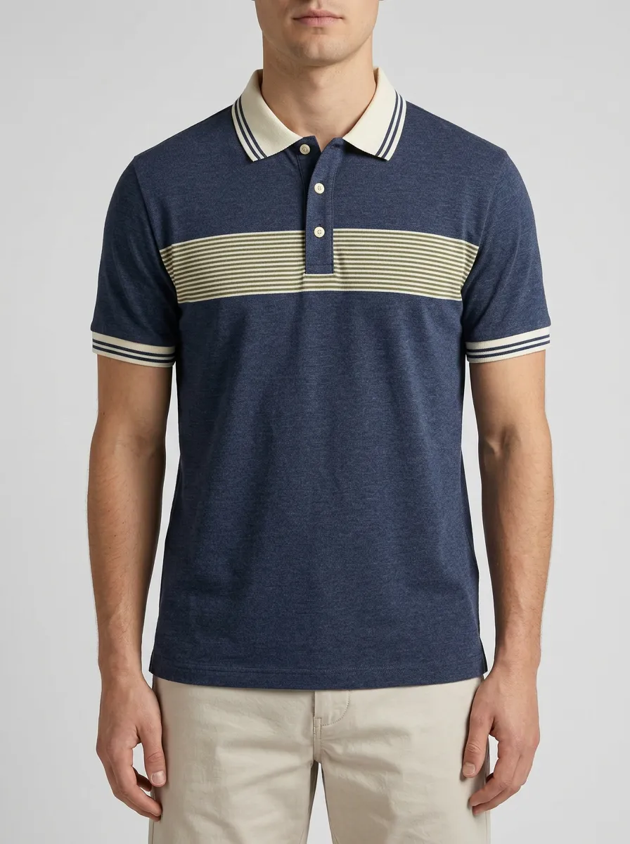 Men's Casual Navy Blue Striped Chest Printed Polo Shirt