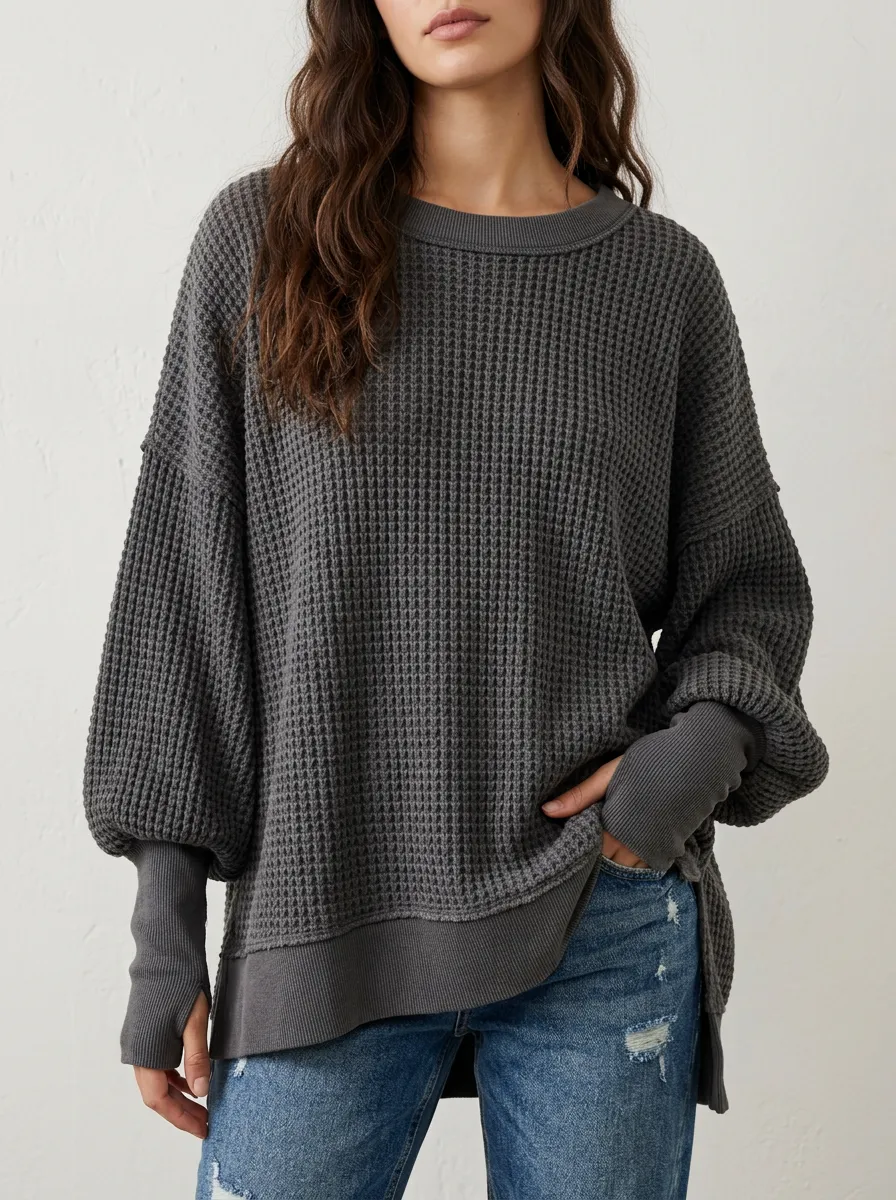 Modern Weekend Casual Charcoal Waffle Knit Long Sleeve Top