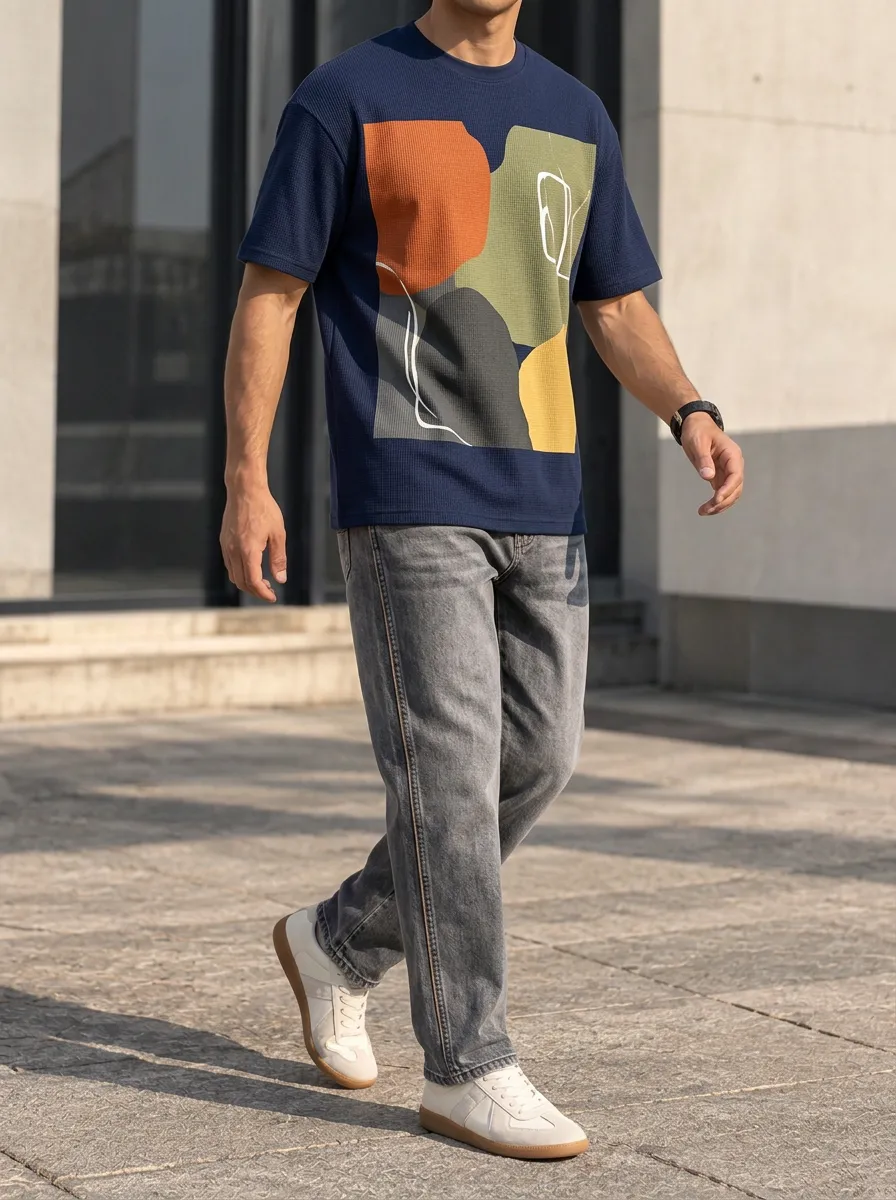 Men's Abstract Geometric Printed T-Shirt and Jeans Set